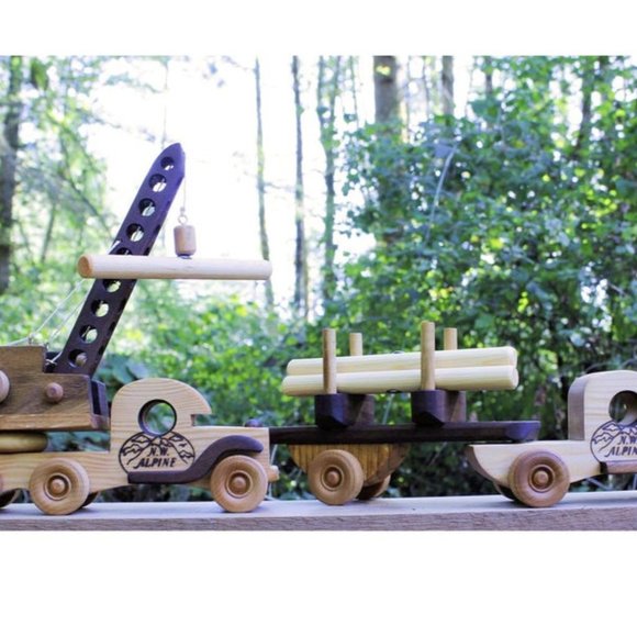 Toy wooden crane and log truck